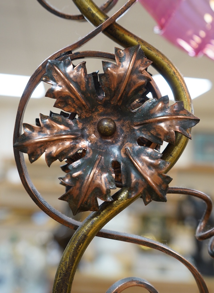 An English Arts and Crafts gas pendant with Vaseline cranberry cylinder shade, including pendant wire, c.1880's-1910, wired, 78cm high, 38cm wide. Condition - good, not tested